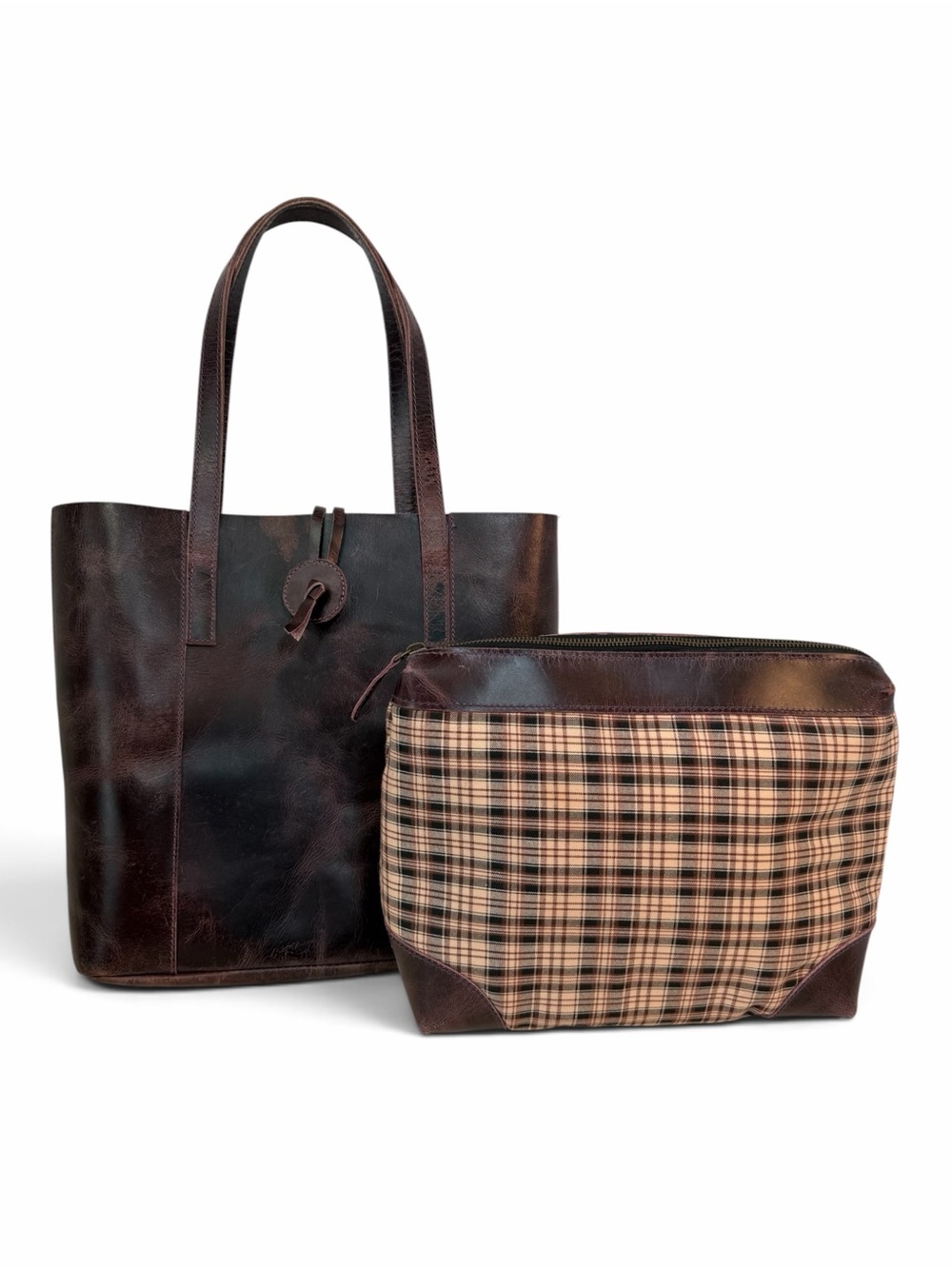 Denver Leather Sienna Tote & Bag Combo Brown Buffalo Leather Plaid